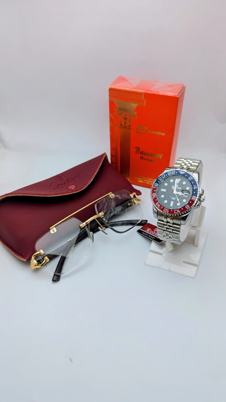 Men’s Premium Combo Deal – Perfume, Solar Cheetah Glasses & Seastar GMT Watch